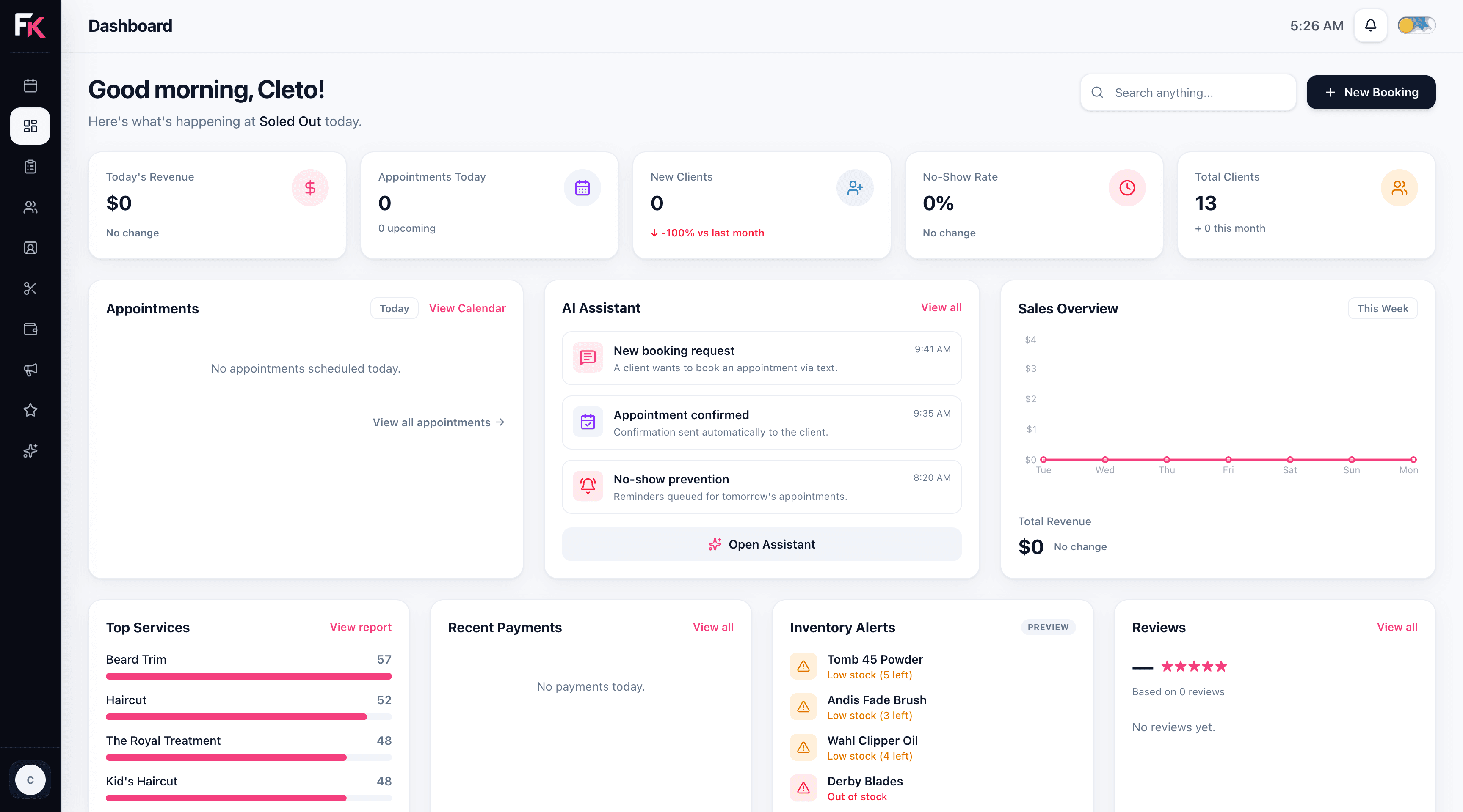 FadeKick dashboard calendar and booking view