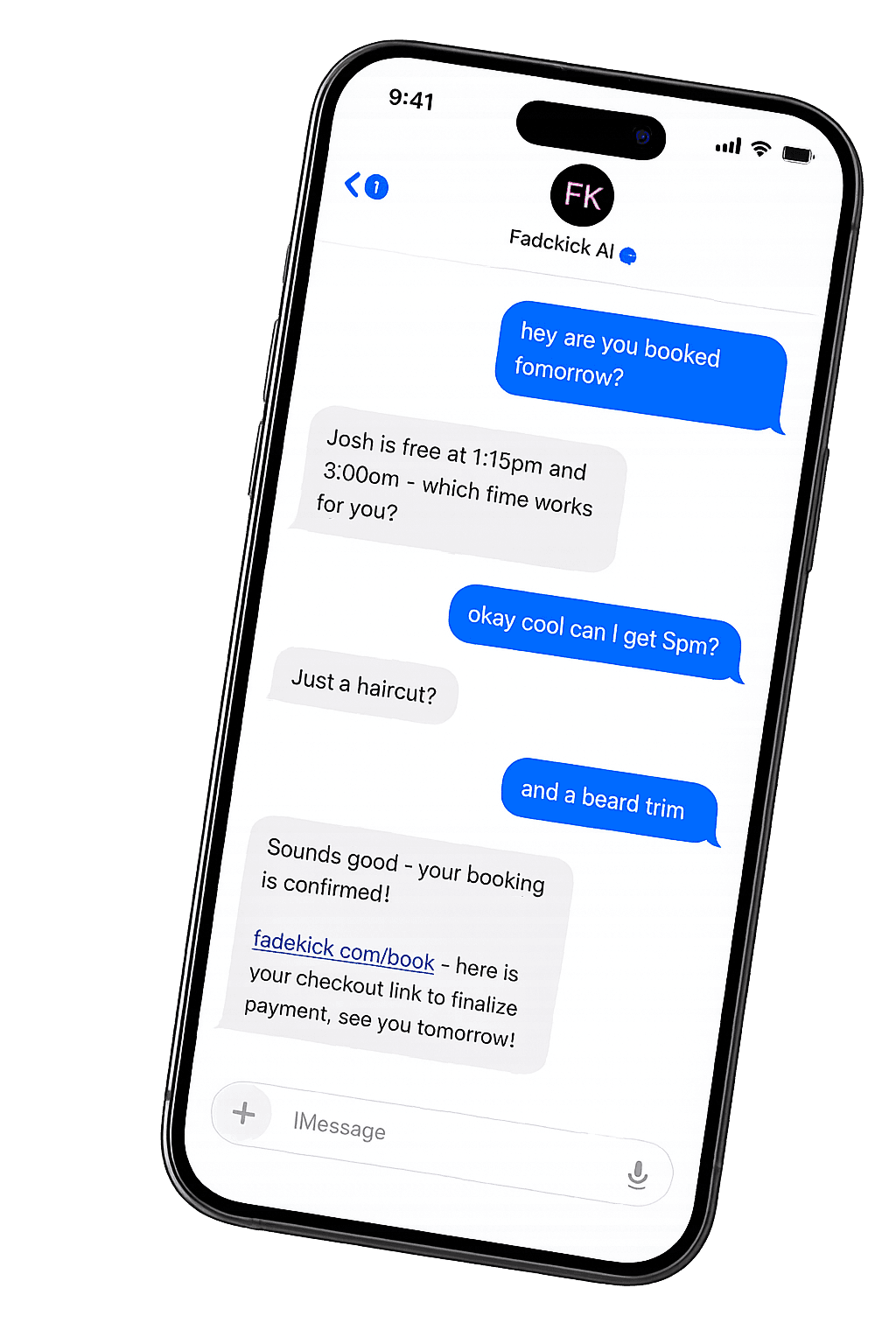 FadeKick AI booking conversation on iPhone
